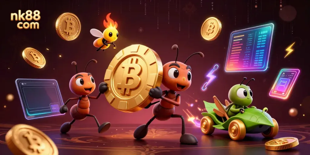 Experience the thrill at nk88 com with dynamic cartoon ants carrying a giant poker chip in a casino-themed scene.