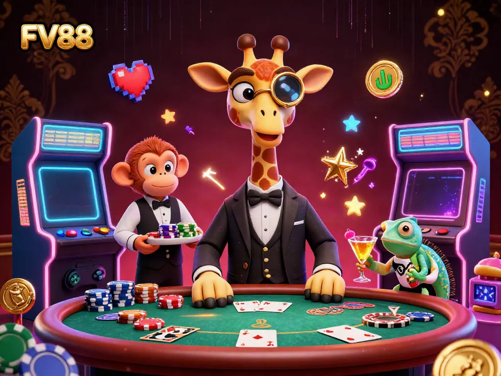 Experience the thrill of FV88 with a high-roller giraffe, poker table, chips, and dynamic gaming elements.