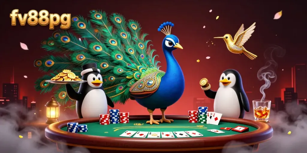 Engage with vibrant 3D visualization of the exclusive fv88pg casino experience featuring lavish gaming elements and charismatic characters.