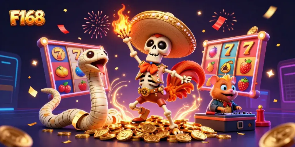 Join F168's vibrant casino scene with a dancing rooster, mummy snake, and DJ hamster.
