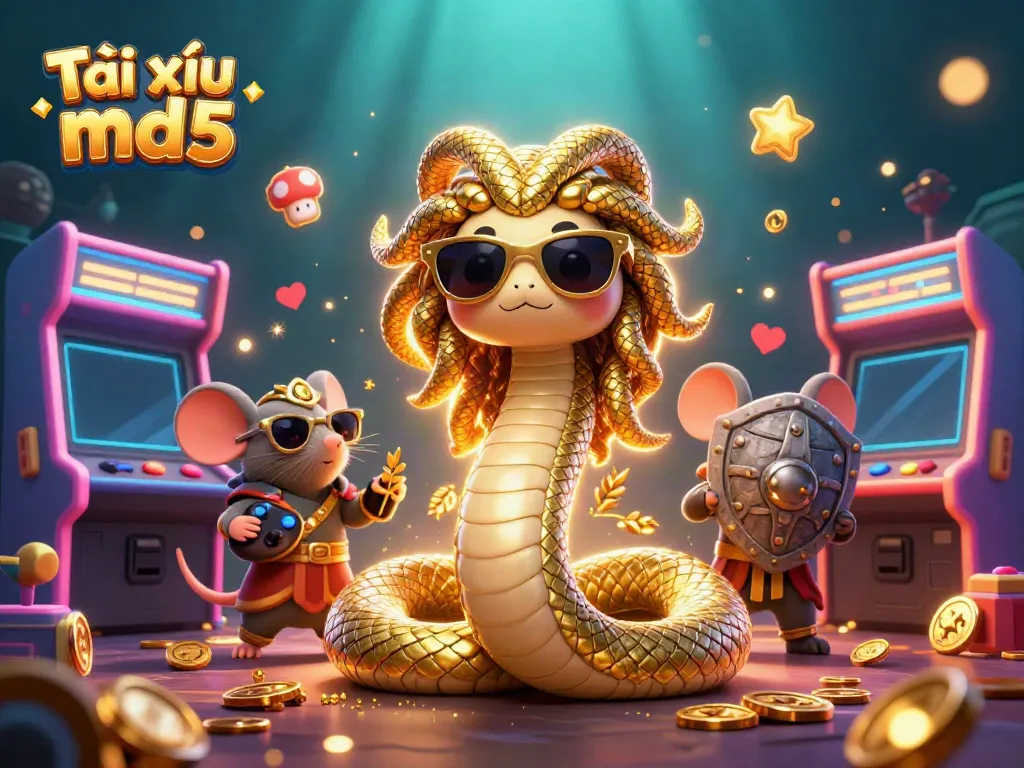 Engage in Tài xỉu md5 with colorful arcade machines and characters in a lively casino scene.