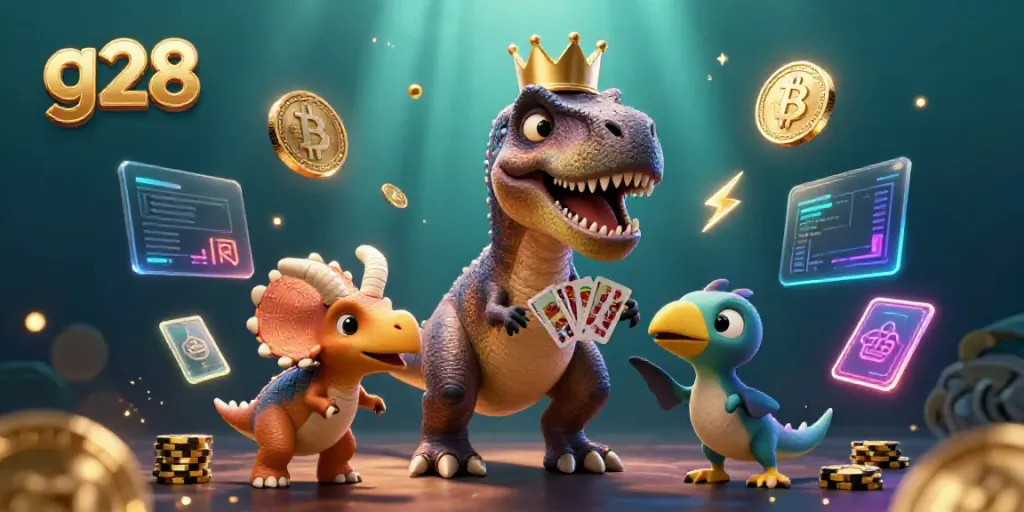 Engaging scene showcasing g28 characters in a casino setting with glowing crypto coins and playful elements.