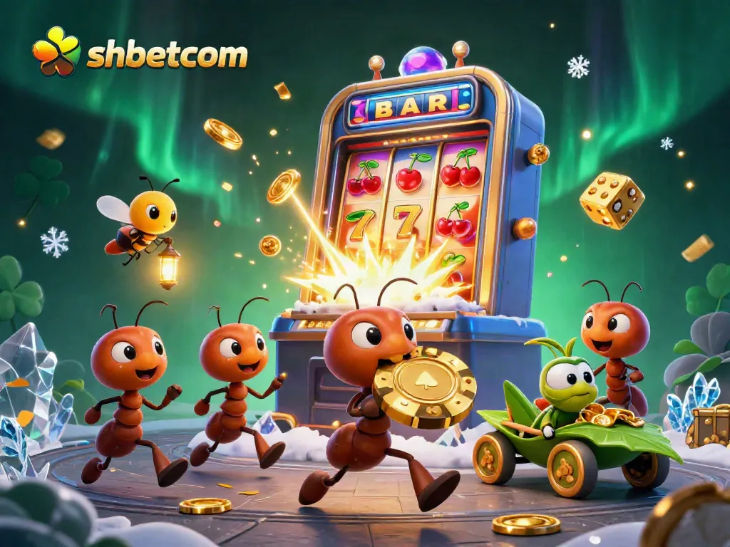 shbetcom showcases ants in a heist carrying a giant poker chip near a bursting slot machine.