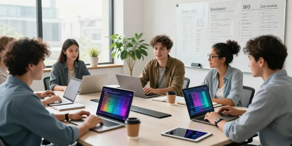 Diverse team collaborating in a modern workspace focused on hosting and SEO platform strategies.
