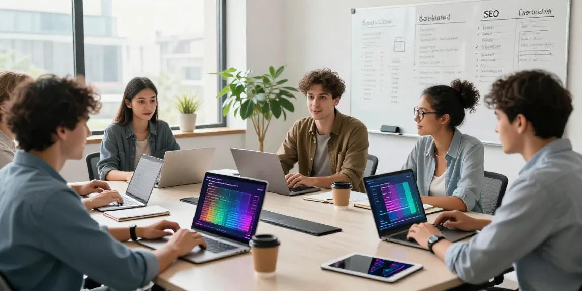 Diverse team collaborating in a modern workspace focused on hosting and SEO platform strategies.