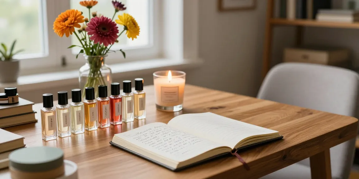 Fragrance Blog display with perfume samples, notebook, and flowers creating a cozy writing atmosphere.