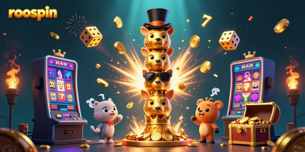Experience the vibrant energy of Roospin Casino with a dynamic illustration featuring golden totem poles and a jackpot explosion, perfect for players.