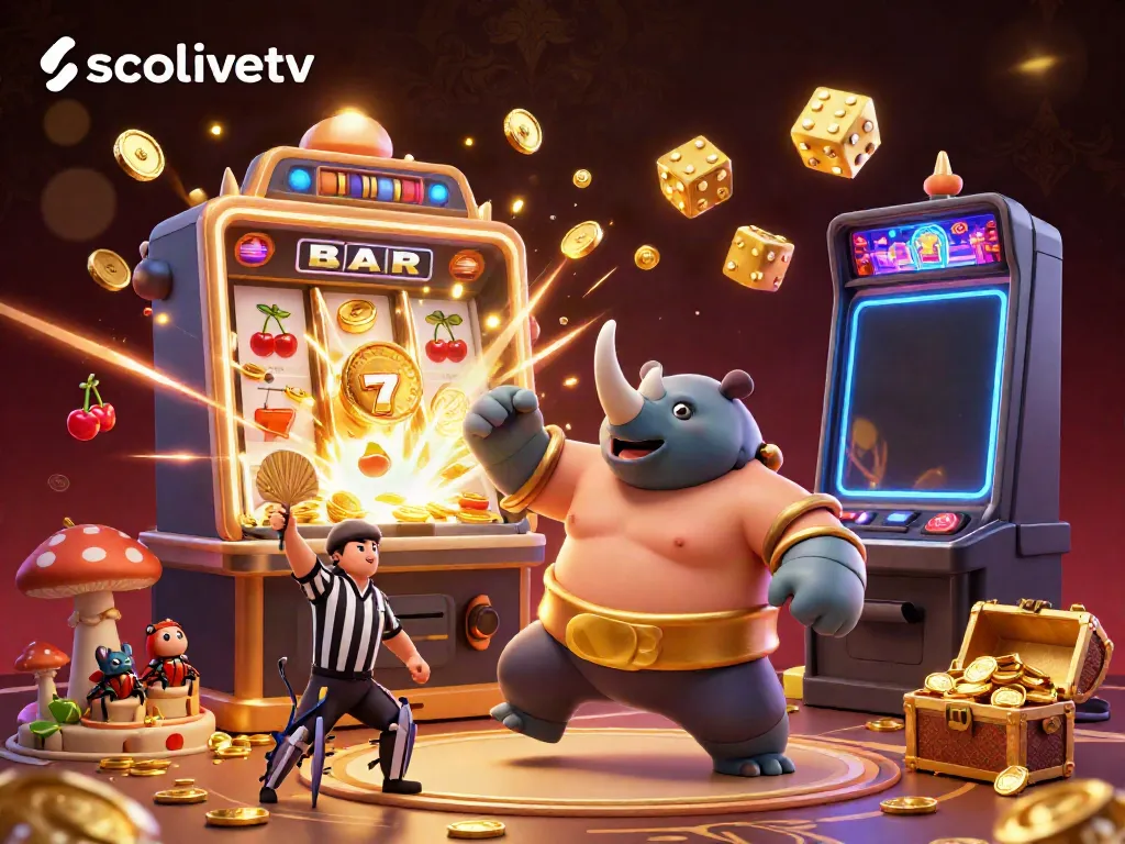 Socolivetv shows a vibrant 3D beetle sumo champion amidst casino elements, enhancing the gaming experience.