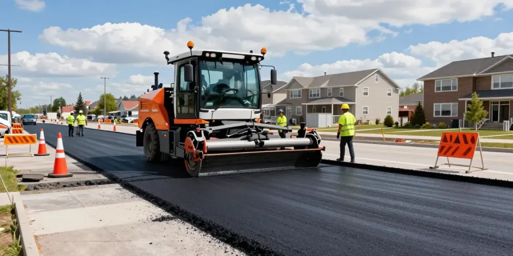Professional asphalt paving Edmonton team laying fresh asphalt with modern machinery.