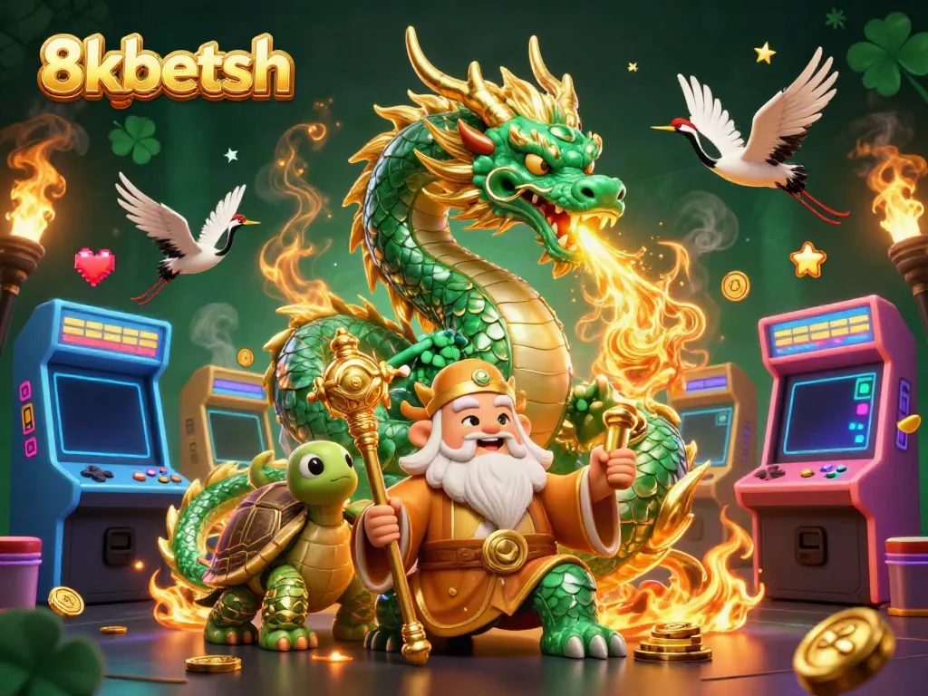 Engage with 8xbetsh in a vibrant gaming scene showcasing an emerald jade dragon and arcade games.