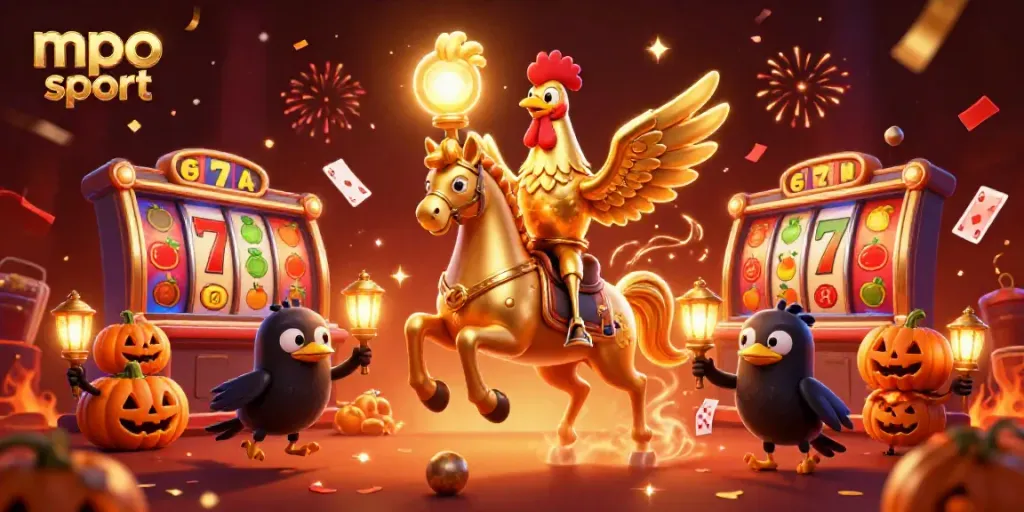 Experience mpo sport in a vibrant casino scene with a golden rooster and exciting slot elements.