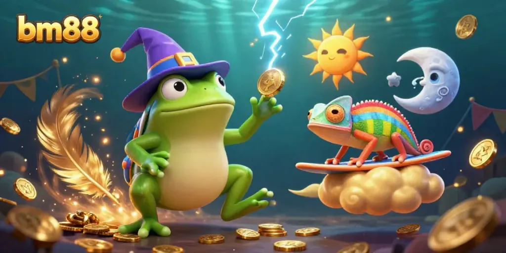 Engage with dynamic gaming action at bm88: a wizard frog unleashes golden coins amidst spirited elements.