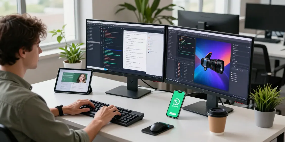 Innovative tech workspace showcasing WhatsApp下載 development environment with coding and app design.