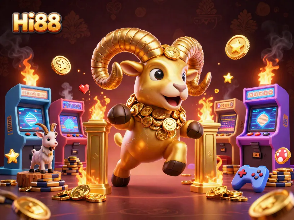 Hi88's golden ram charges triumphantly through a vibrant casino scene filled with retro game elements.