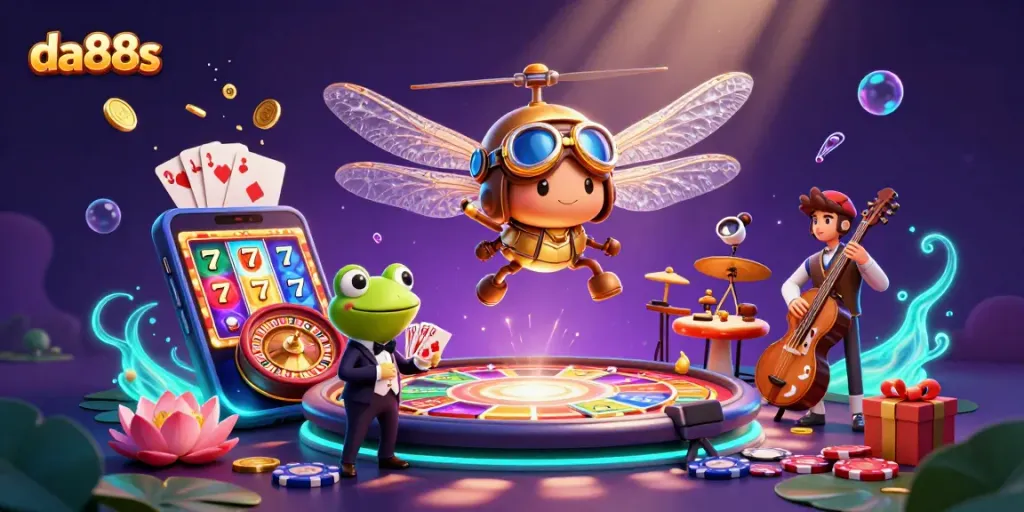 Join the action at da88s with a vibrant scene of a dragonfly pilot and frog croupier at a lively casino.