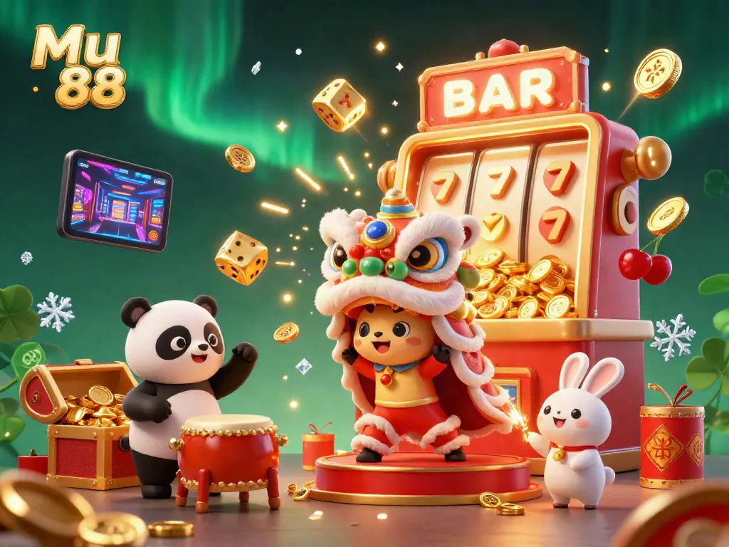 Experience Mu 88's exhilarating gambling scene with a lion dance and dynamic slot machine elements.