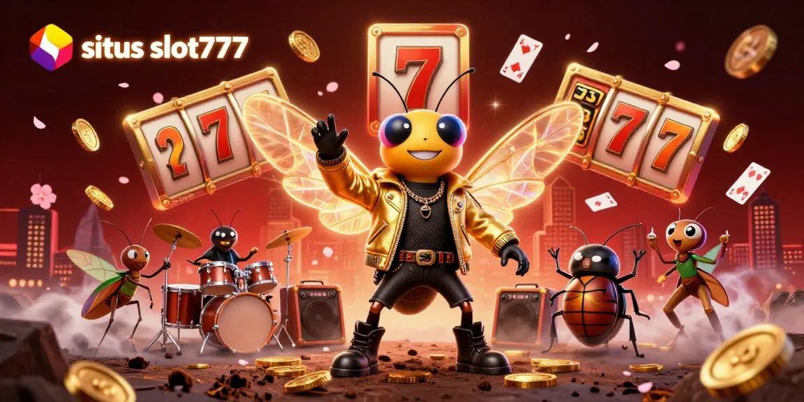 Situs slot777 showcases an exciting 3D casino scene with a cicada rock star, slot reels, and dynamic game elements.
