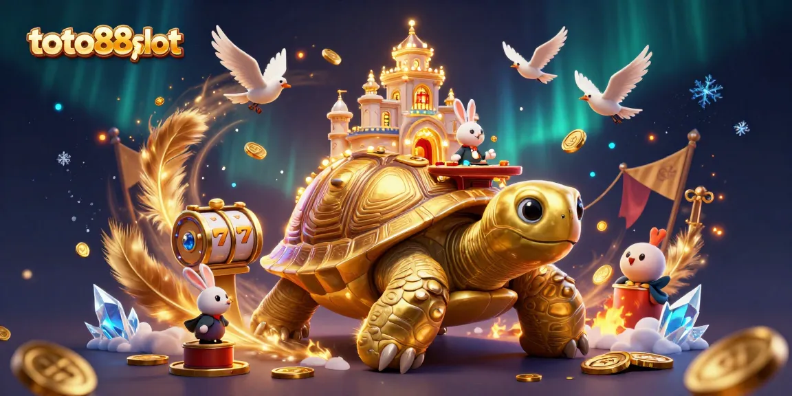 Toto88slot offers a vibrant casino atmosphere with a golden tortoise and rabbit dealer in a lively scene.