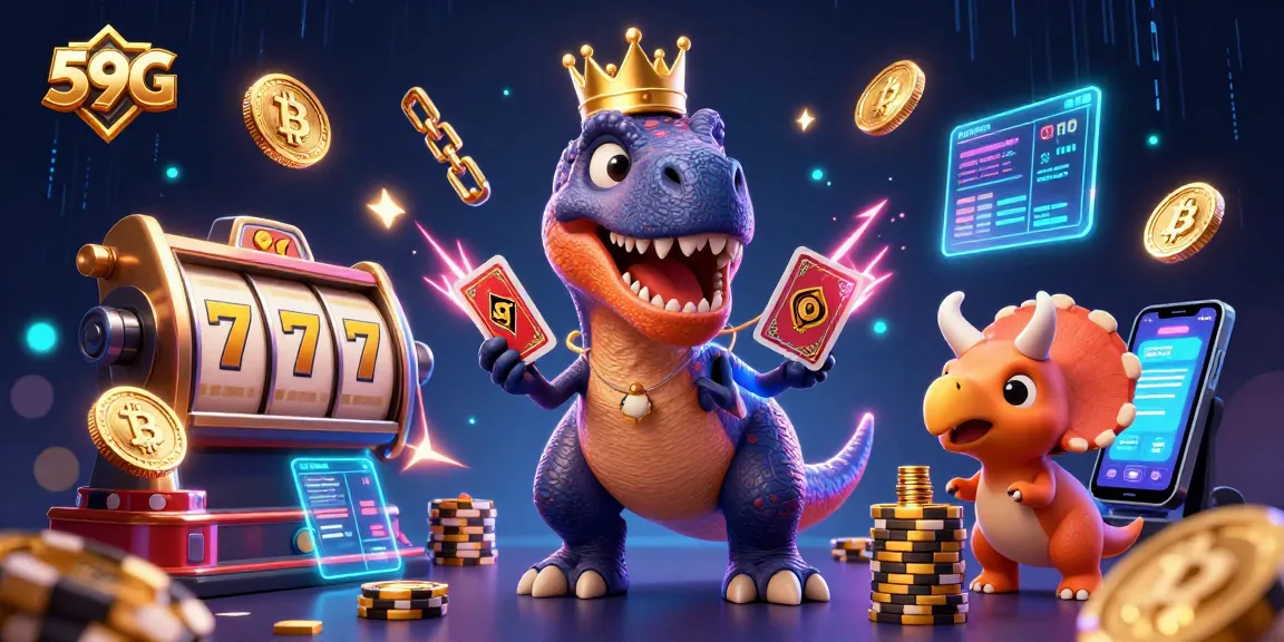 Experience thrilling gameplay with 59G through a vibrant scene featuring dinosaurs and casino elements.