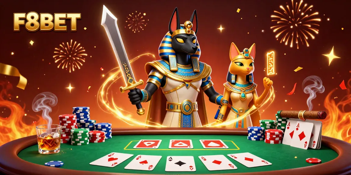 F8BET empowers players with vibrant poker action featuring Anubis and Bastet amidst colorful chips and cards.