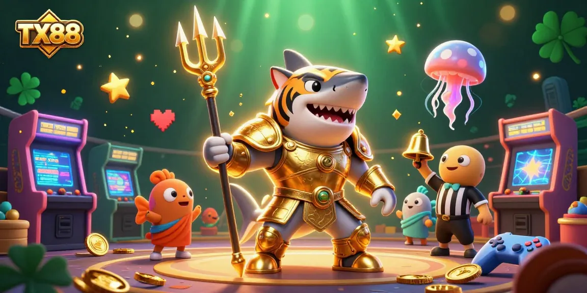 Engage with the thrilling TX88 underwater colosseum featuring a tiger shark in gladiator armor, surrounded by arcade games.