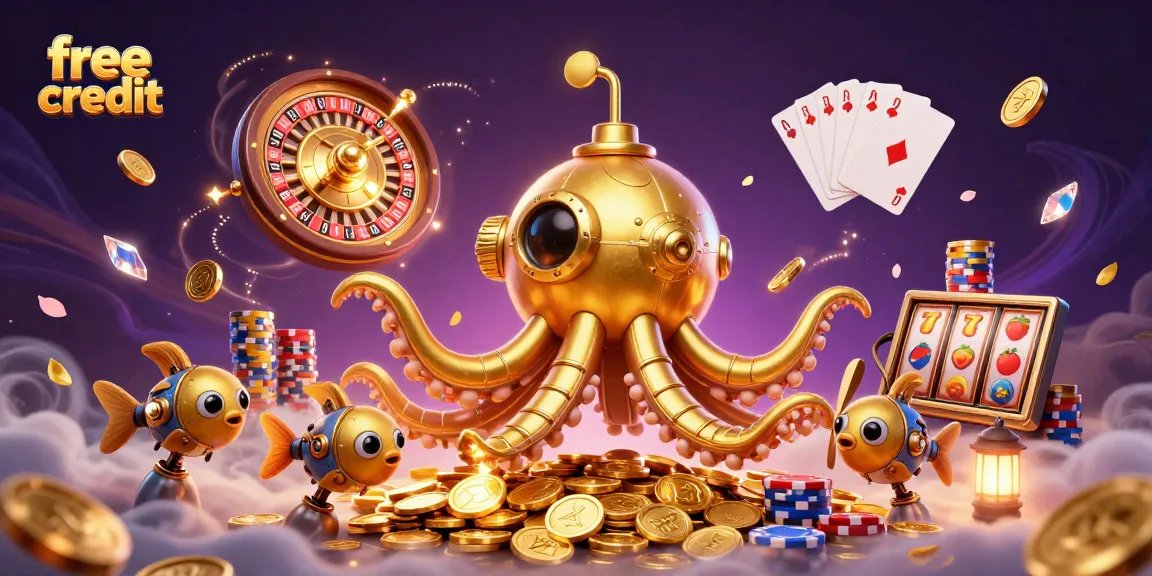 Win free credit while playing exciting casino games featuring a kraken submarine and golden treasures.