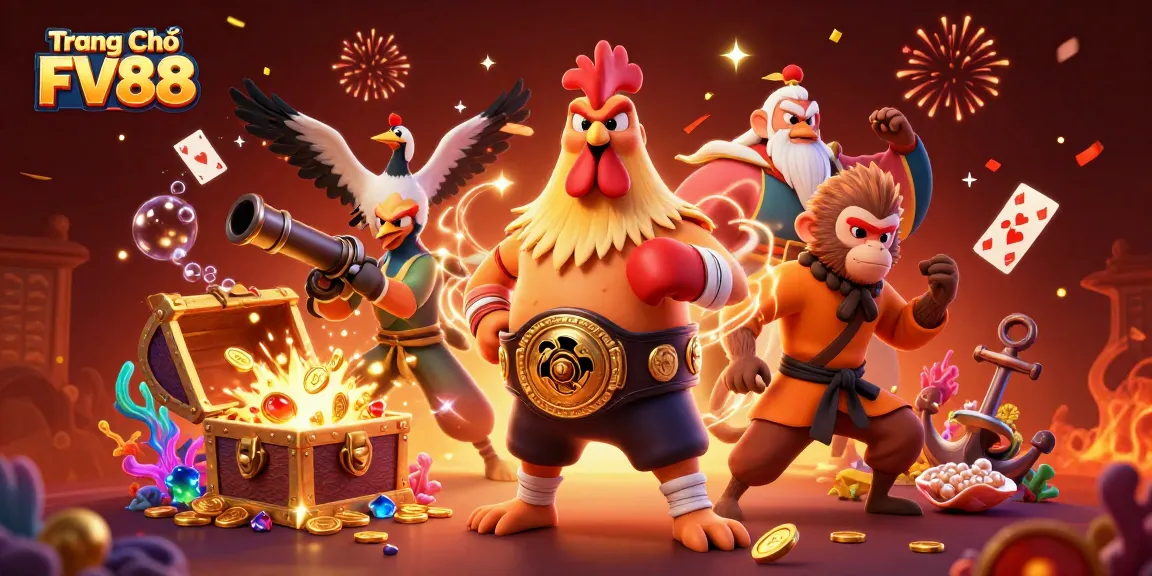 Experience thrilling action at Trang Chủ FV88 with vibrant characters and casino elements in a colorful 3D scene.