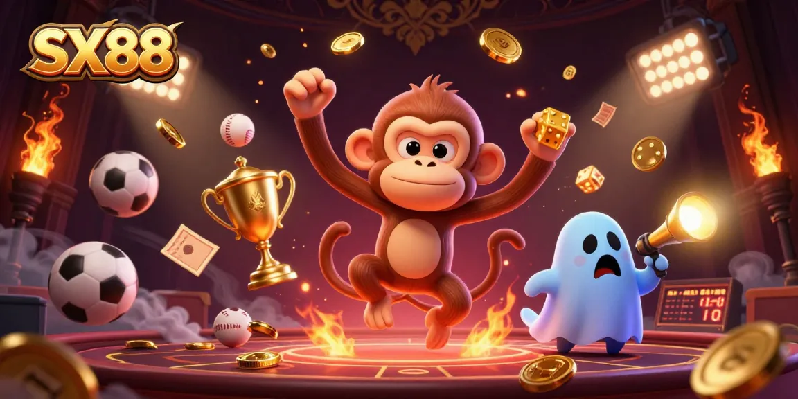 SX88 showcases winning strategies with a lively poltergeist monkey and curious puppy amidst a casino atmosphere.
