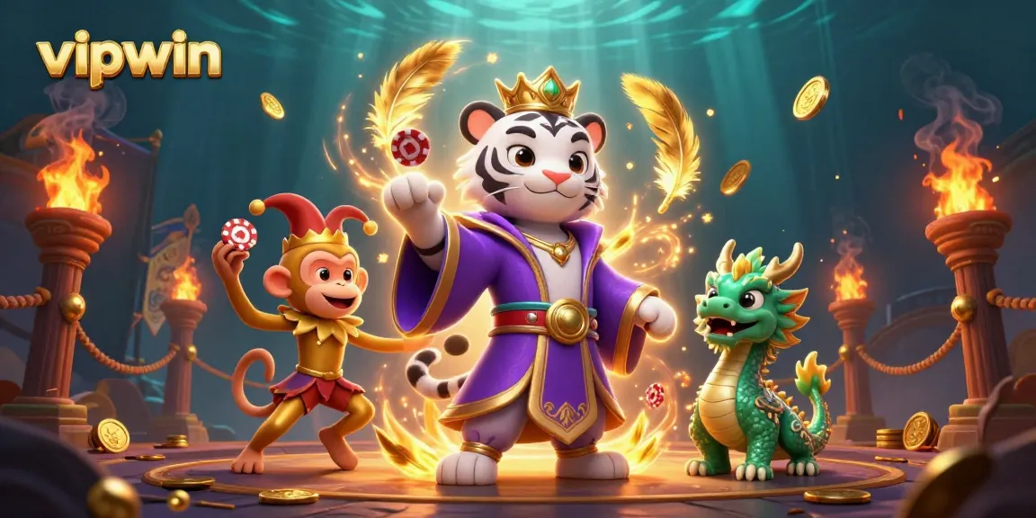 Experience the thrill of vipwin with a lively casino scene featuring a regal tiger, playful monkey, and a mystical dragon.