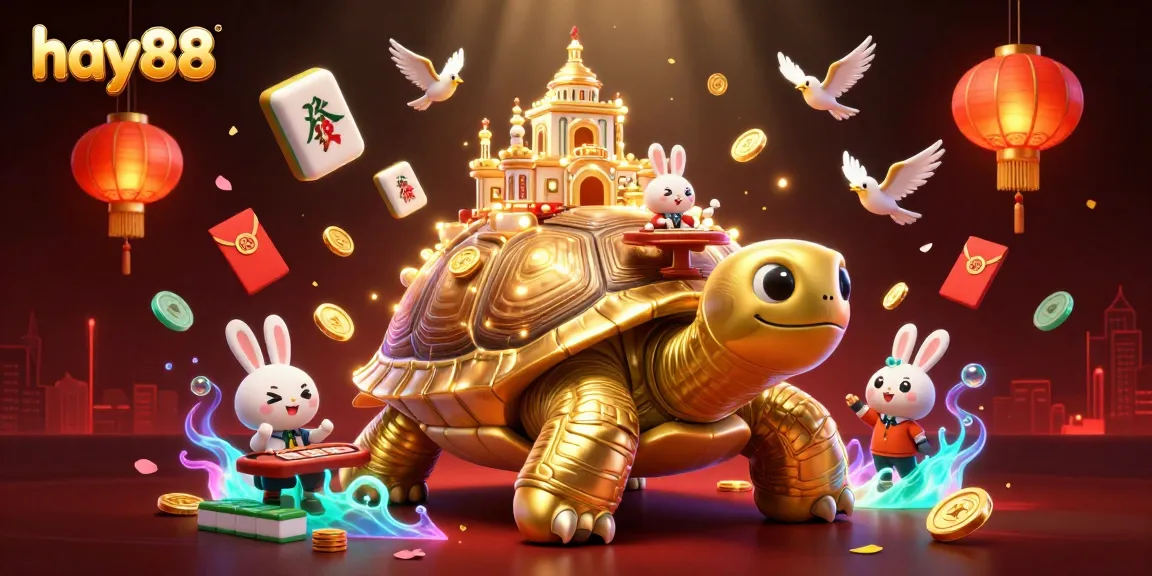 Engage with hay88 in this vibrant casino scene featuring a golden tortoise, rabbit dealer, and floating game elements.