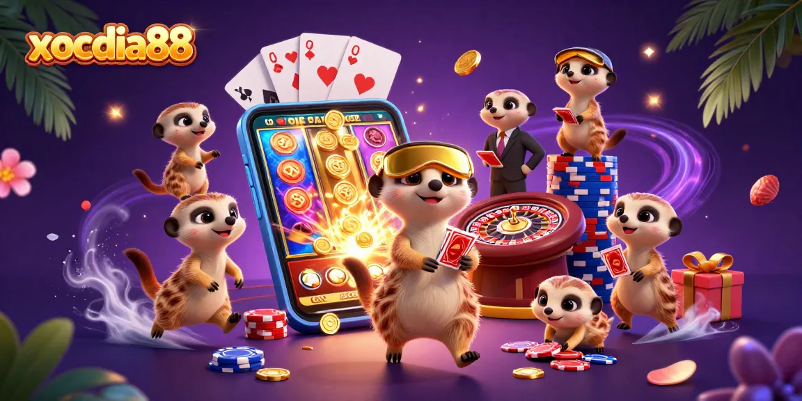 Xocdia88 showcases a vibrant 3D scene of meerkats engaging in dynamic casino activities.