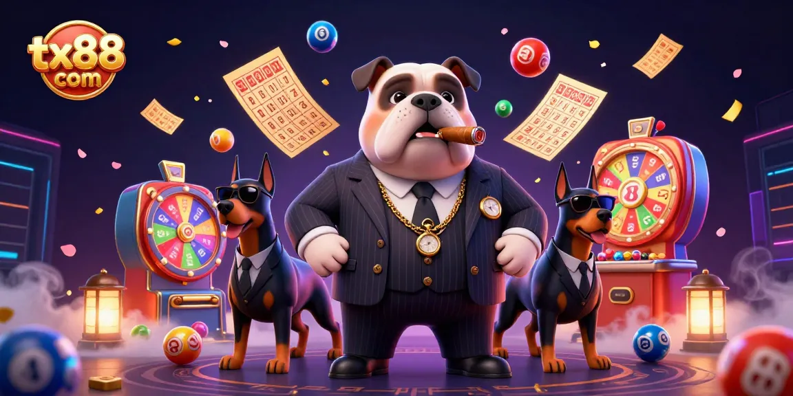 Engage with thrilling gaming action at tx88 com, featuring dynamic lottery balls and a charismatic mafia dog.