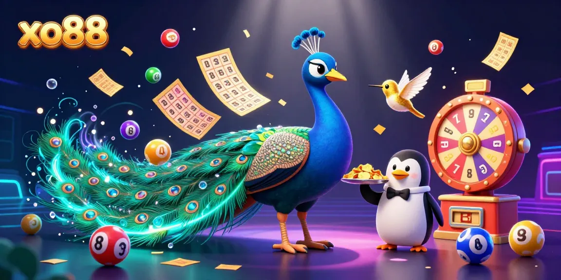 Engage with xo88's vibrant scene of lottery excitement featuring a peacock and a penguin.