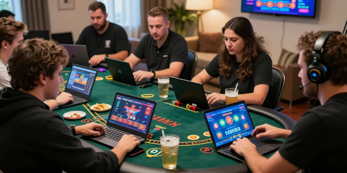 Dewavegas online casino gaming scene with players enjoying Blackjack and Roulette in a lively home environment.