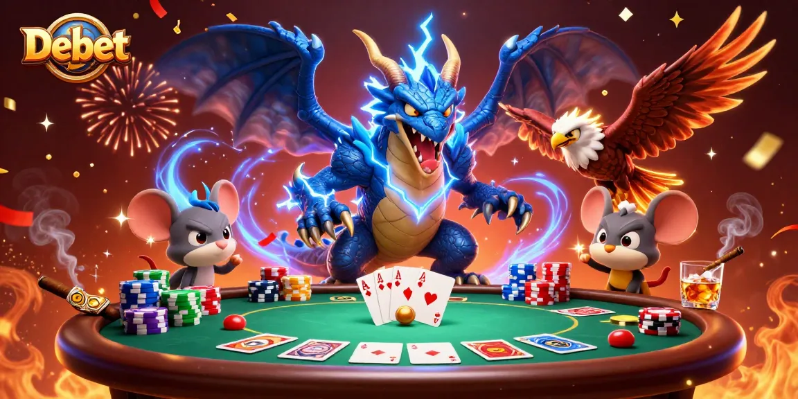 Engage in thrilling gameplay with Debet as colorful poker elements surround electric fantasy creatures.
