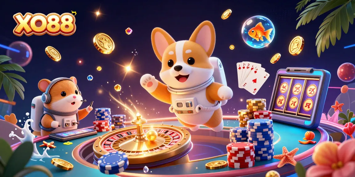 Play exciting games at XO88 with floating chips, vibrant characters, and a casino atmosphere.