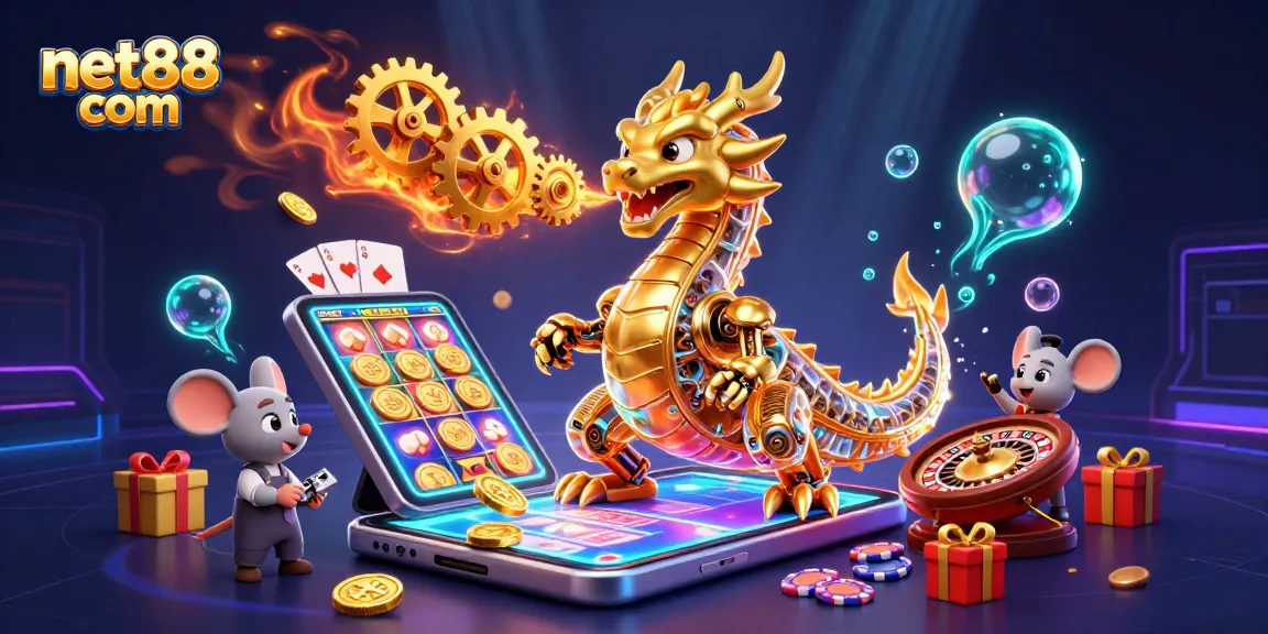 Engage with net88 com's vibrant slot game atmosphere featuring a golden dragon and animated gaming elements.