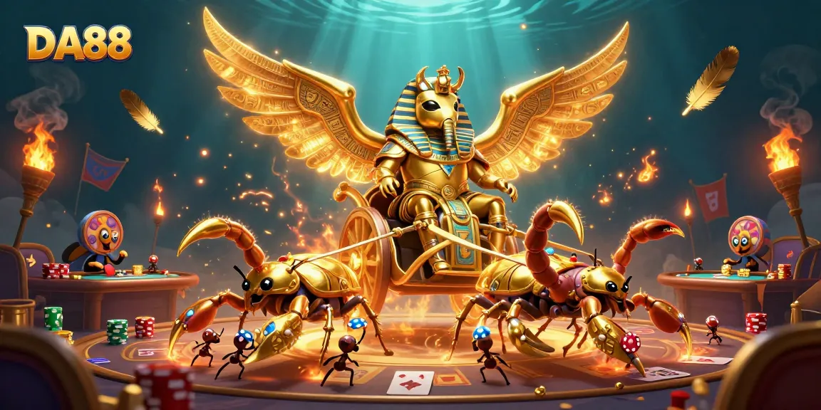 Experience the thrill of DA88 with a massive casino scene featuring a golden scarab and poker soldiers.