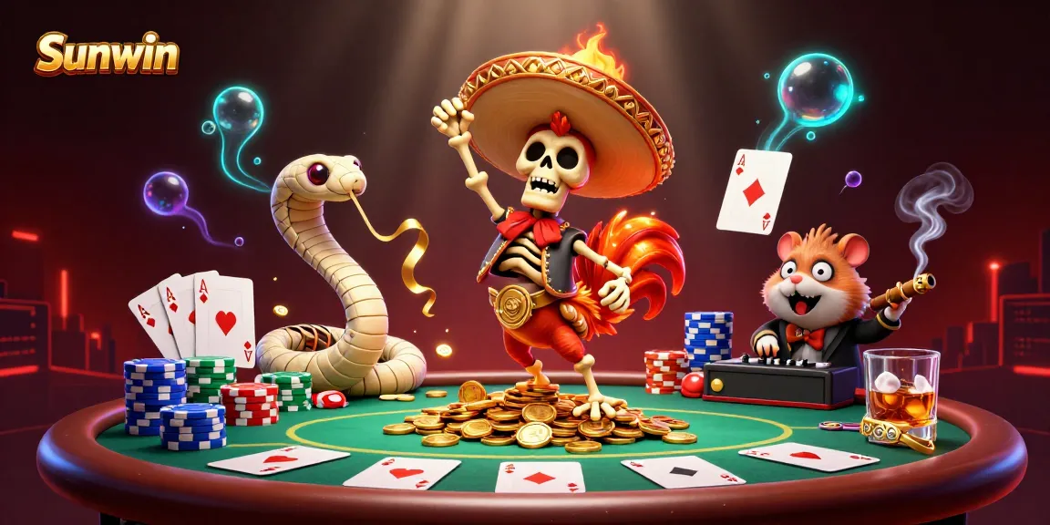 Experience winning strategies with Sunwin at this vibrant 3D casino illustration featuring dynamic characters and poker elements.