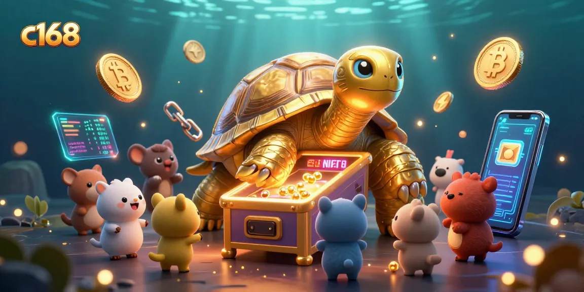 Spin and win with C168, featuring vibrant tortoise pinball and crypto elements in a colorful casino scene.