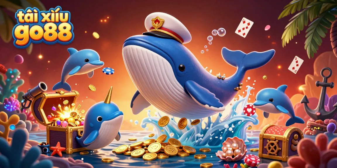 Tài xỉu go88 unleashes thrilling gameplay with playful dolphins and a majestic whale amidst coins