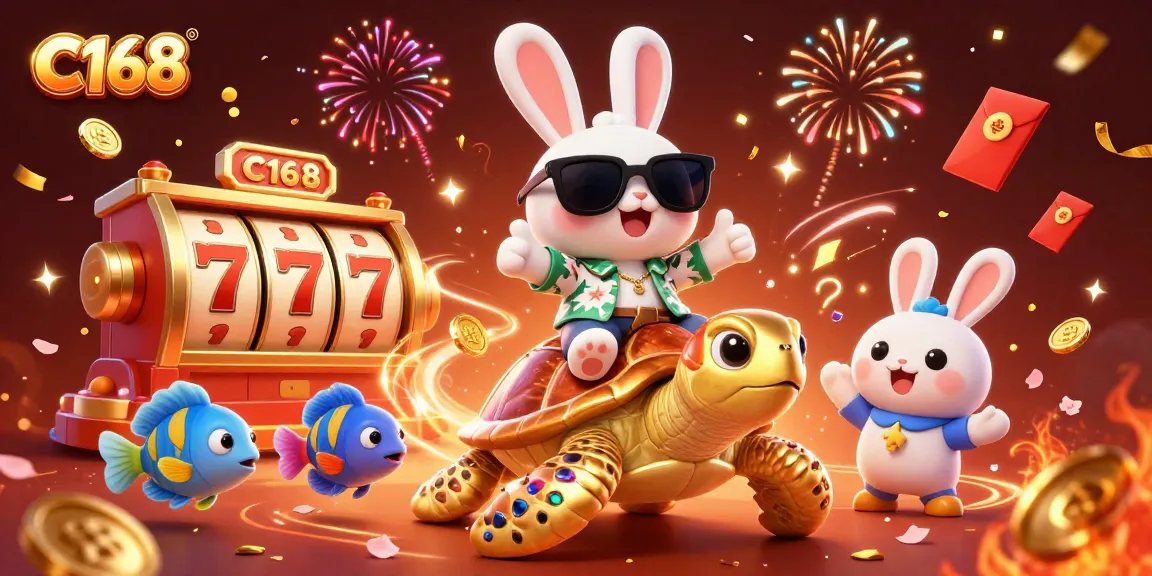 C168 lucky rabbit and golden turtle celebrate with colorful casino elements in vibrant 3D illustration.