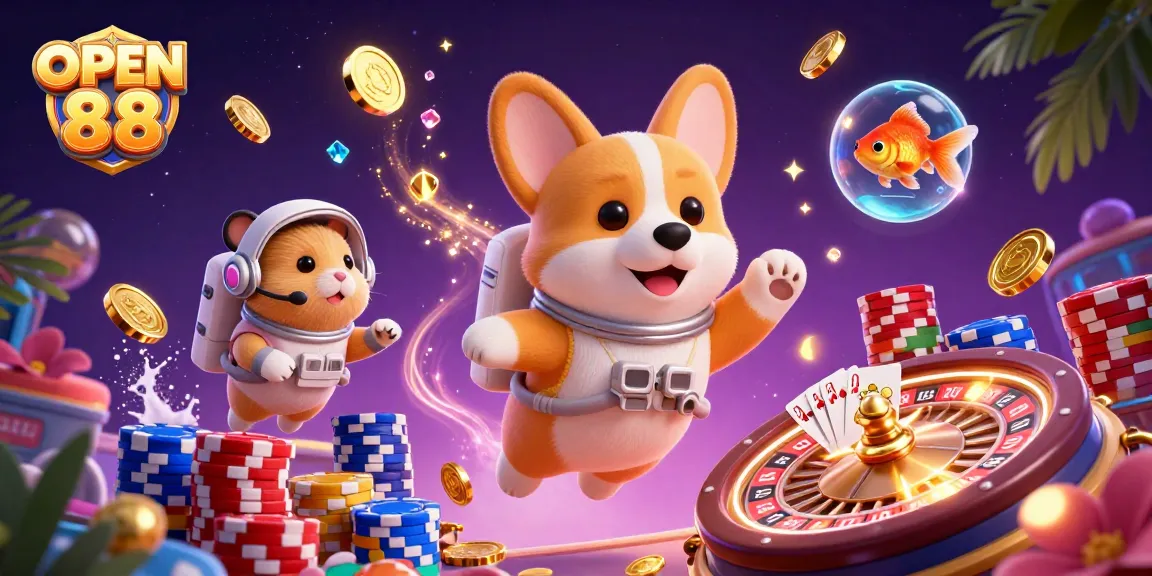 Play exciting games at OPEN 88's dynamic space casino featuring a playful astronaut corgi and immersive elements.