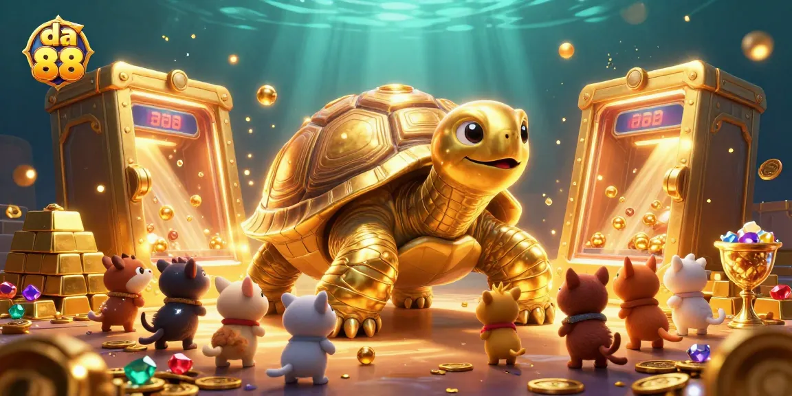 Engage with the da 88 casino experience featuring an exciting scene of a colossally fun golden tortoise and treasure.