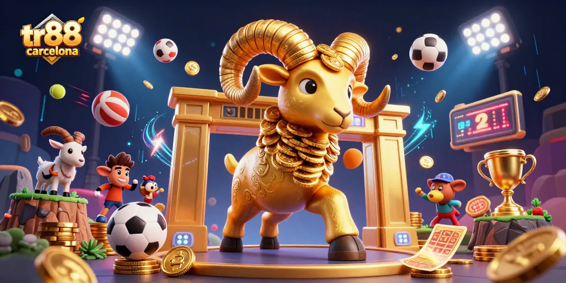 Experience excitement at tr88 barcelona with a dynamic 3D casino scene featuring sports balls, gold coins, and a golden ram.