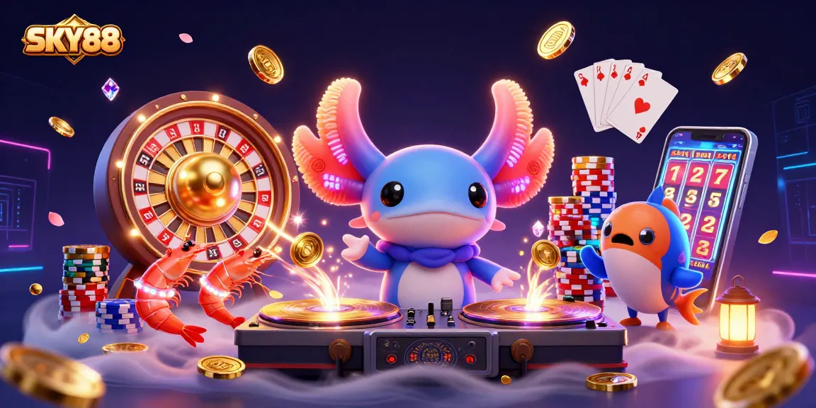 Engage with thrilling gameplay at SKY88, featuring neon-lit sea creatures and vibrant casino elements.