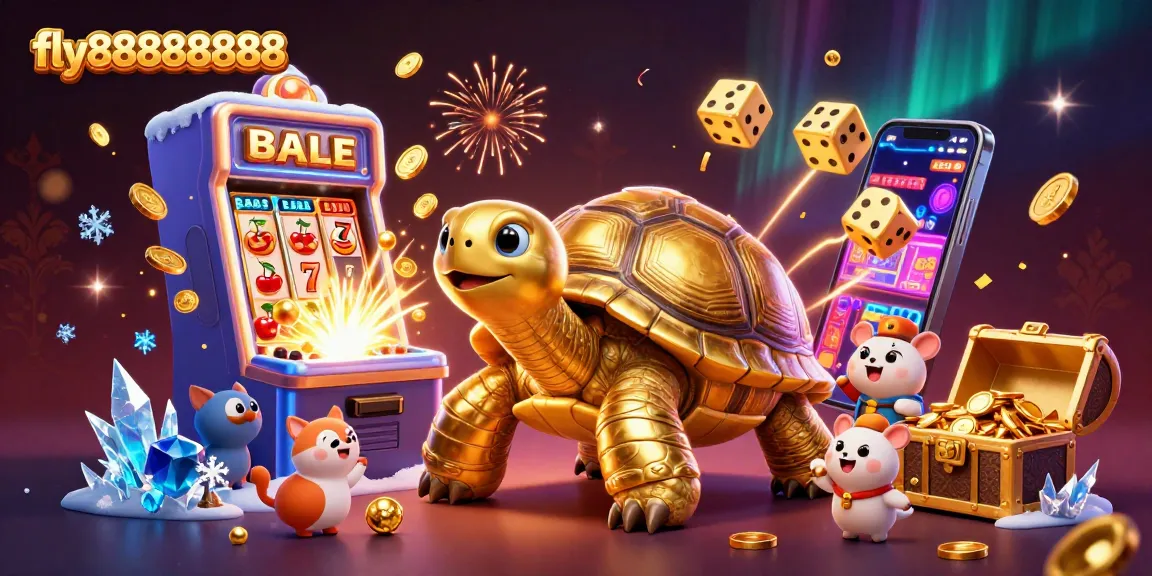 Experience thrilling games at fly88888888 with vibrant grand slot actions and a golden tortoise character.