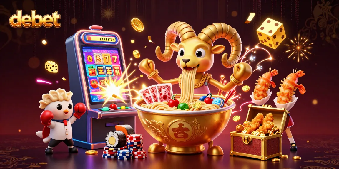 Win big with debet in this vibrant 3D casino illustration featuring giant ramen and fun characters.