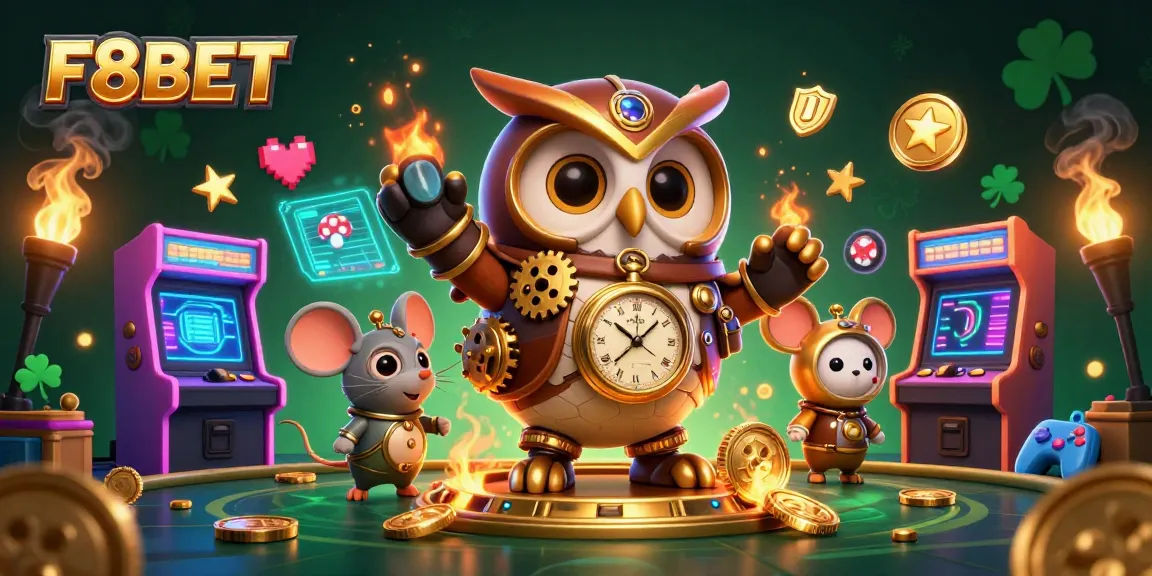 Engage with F8BET's vibrant casino world featuring a time-traveling owl and modern gaming elements.