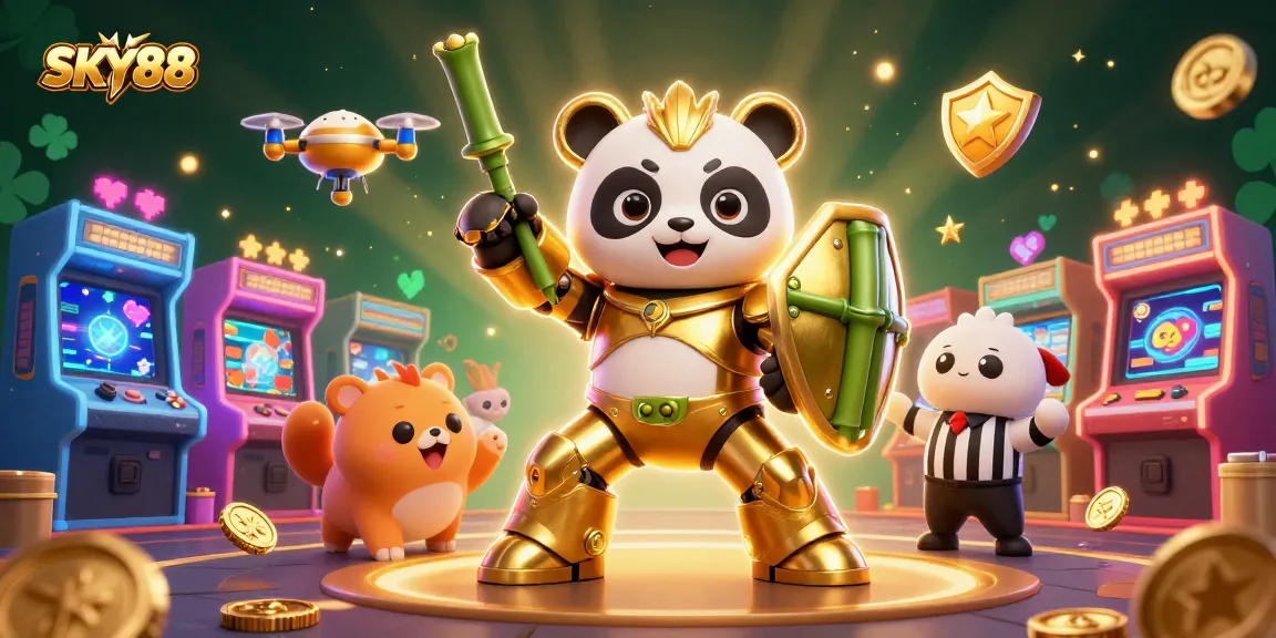 Experience the thrill of SKY88 with dynamic gambling scenes featuring casino games and animated characters.